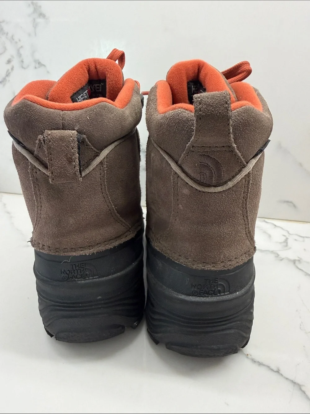 The North Face Brown Suede Kids Boots with Orange Laces